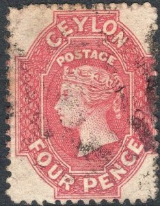 CEYLON-1867-70 4d Rose-Carmine Sg 65b GOOD USED V50126