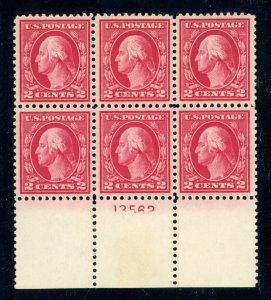 US Stamp #499 Washington 2c, Plate Block of 6 - MLH - CV $22.50- See Descrptn.