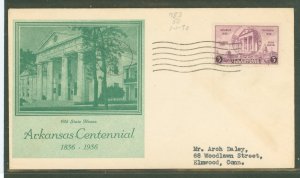 US 782 1936 3c Arkansas Centennial (single) on an addressed (typed) FDC with an unknown cachet