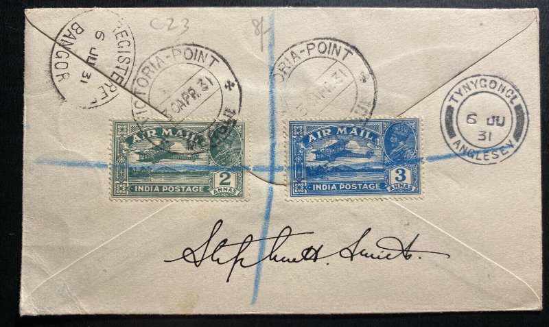 1931 Victoria Point India First Flight Cover To Croydon England Signed