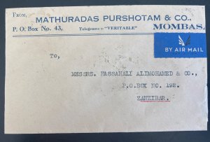 1936 Mombasa Kenya British KUT Mathuradas Commercial Airmail Cover To Zanzibar b