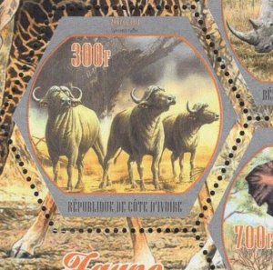 African Fauna Rhino Panther Giraffe Elephant Sov. Sheet of 4 Stamps MNH