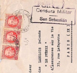 SPAIN Cover San Sebastian *SPANISH CIVIL WAR* Military Censor 1937 Paris YG170