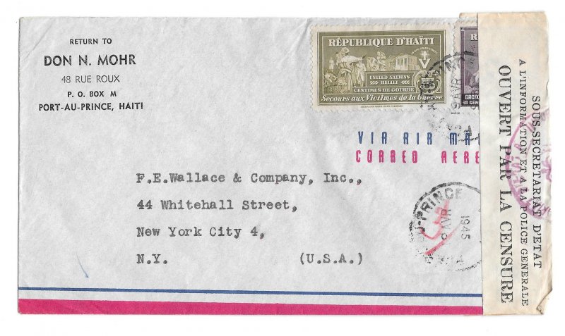 Haiti WWII Censored Airmail Cover 1945 Port au Prince to US RA6 Postal Tax Stamp