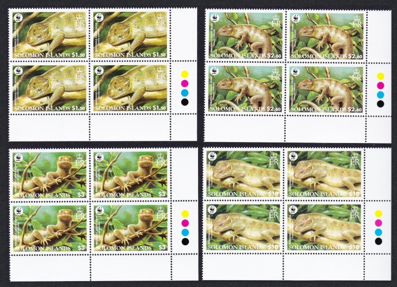 Solomon Is. WWF Prehensile-tailed Skink 4v SE Corner Blocks of 4 2005 MNH