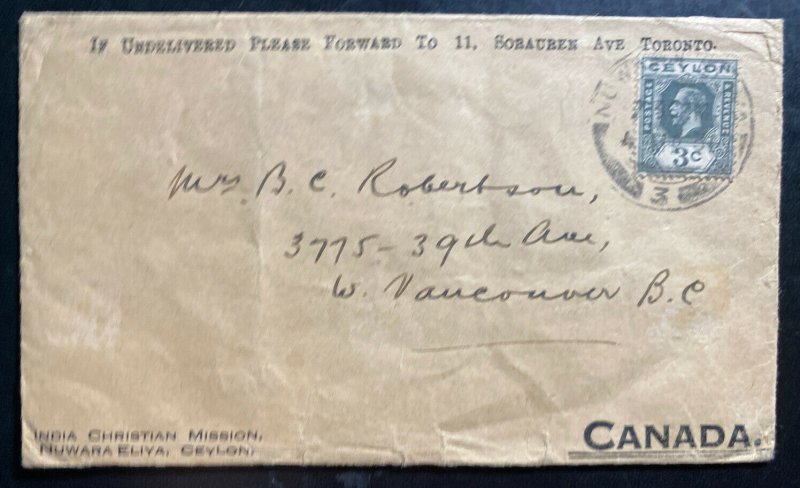 1931 Nuwara Eliya Ceylon Christian Mission Cover To Vancouver Canada 