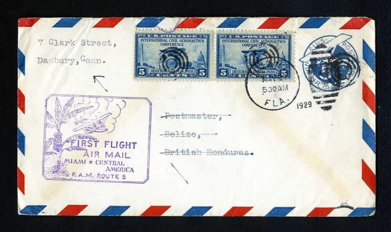 # 650 and # UC1 First Flight cover FAM 5, Miami, FL to Belize - 5-21-1929