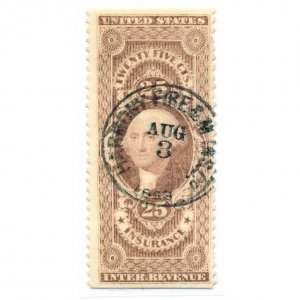 1862-71 25c R46b First Issue Revenue, Insurance, Harmony Fire Insurance Cancel