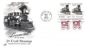 US FIRST DAY COVER LOCOMOTIVE OF THE 1870s 2c COIL STAMP (2) PAIRS UPRATED 1982