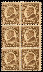 US Sc 633 MH/MNH BLOCK of 6 w/partial Plate# - 1927 1½¢ - Harding - See Descript