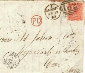 GB WALES Cover Cardiff COAL MINING EL 4d Plate 2 France Caen 1869{samwells}89.32 