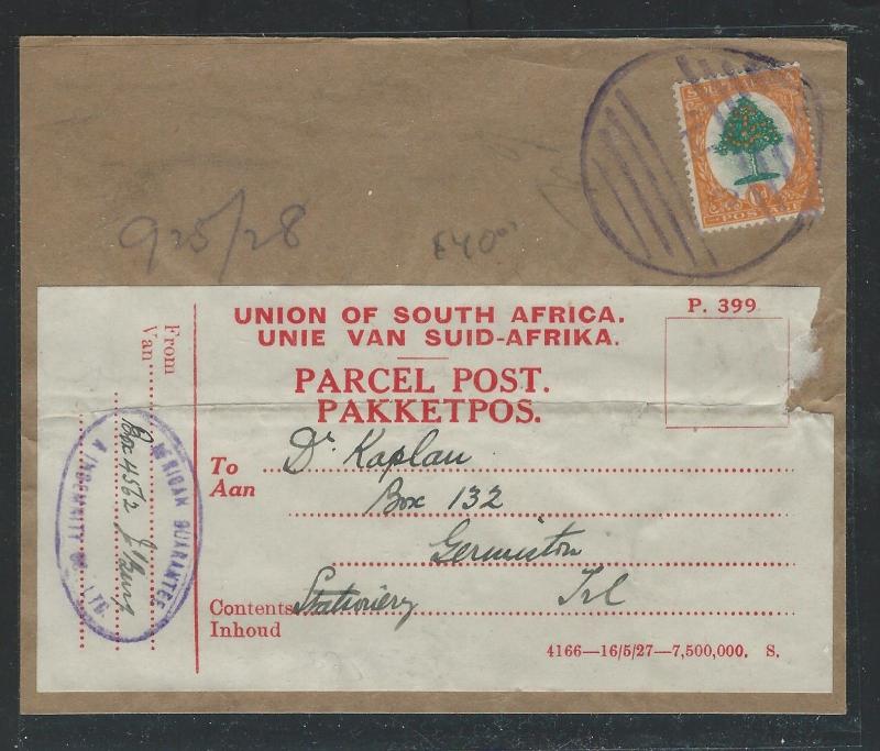 SOUTH AFRICA  (P0512B) PARCEL RECEIPT WITH 6D TREE.   UNUSUAL