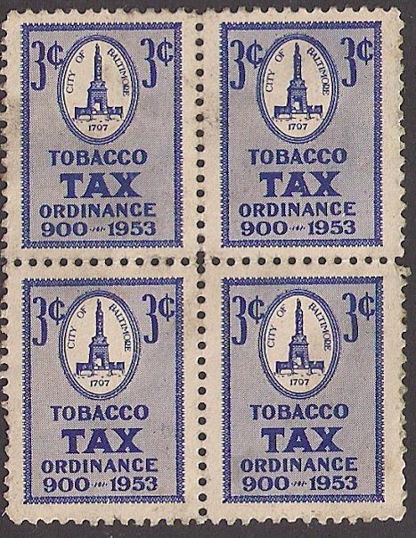 Baltimore Tobacco Tax 3c Blue in Blk of four Scarce multiple