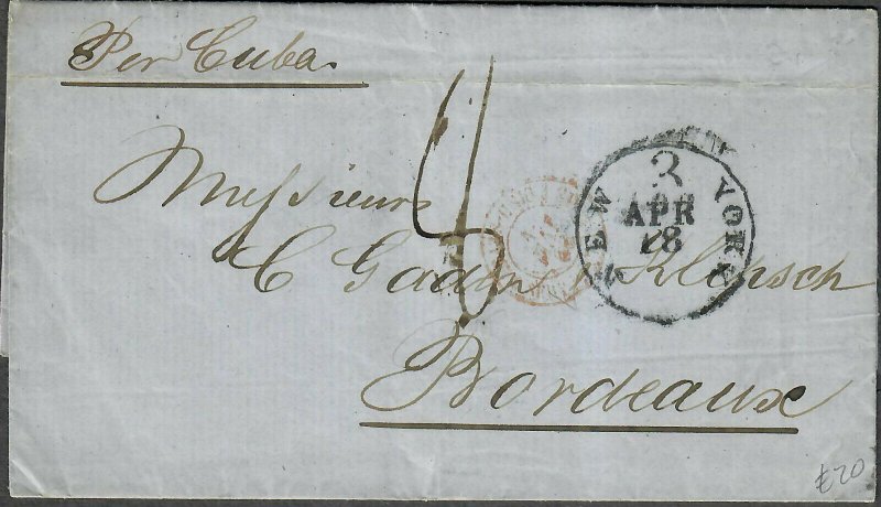 Transatlantic Ship Stampless Cover 1866 New York To Bordeaux France