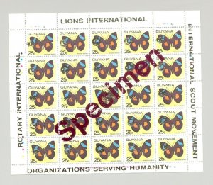 Guyana 1989 Butterflies 3v M/S of 25 Gold o/p Specimen Rotary, Lions Club