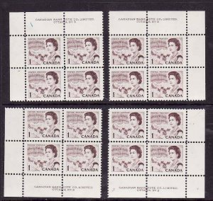 Canada-Sc#454-Unused NH 1c QEII Centennial-4 corner plate blocks #3-Dex gum-1967