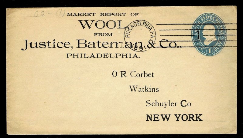 1891 WOOL - Justice Bateman & Co Philadelphia 3rd class unsealed