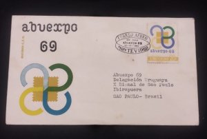 D)1969, URUGUAY, LETTER SENT TO BRAZIL, AIR MAIL, WITH PHILATELIC EXHIBITION