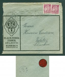 Germany. Cover Commercial 1921 ELASTI. Hamburg.  Scott# 2 X 144. Adr: Sweden.