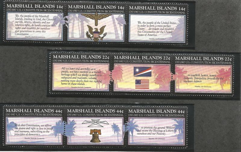 MARSHALL ISLANDS 143-150, MNH, C/SET, 3 STRIPS OF 3 STAMPS, U.S. CONSTITUTION...