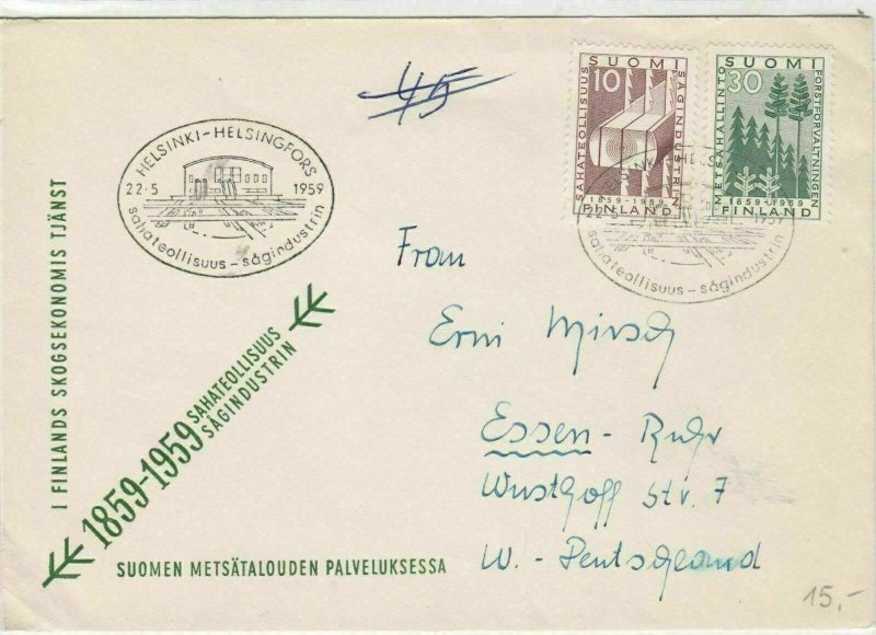 Finland 1959 Helsinki cancel Centenary Tree + Wood  stamps cover ref 21838