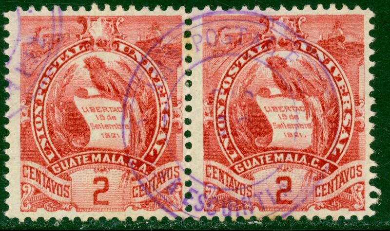 GUATEMALA 1900-02 2c QUETZAL Pair w TPO RAILWAY Postmark Sc 100