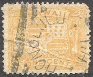 HAWAII 1894 Sc 74 Used 1c yellow Coat of Arms, VG Coat of Arms Honolulu cancel