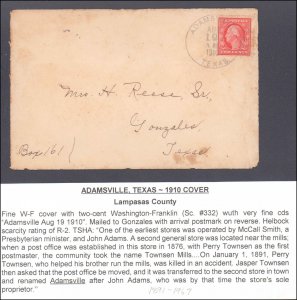 Lampasas County Adamsville DPO Dead Post Office 1891-1967 ( Postal History ),...