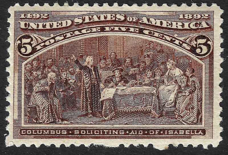 US Scott 234, 1893 Columbus Soliciting Aid from Isabella, 5c chooclate, LH MINT