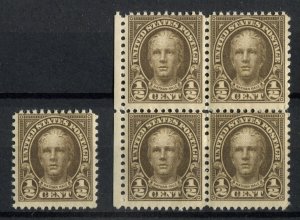 US 1929. Nathan Hale. 1/2c & block of 4 x 1/2c.  P11 x 10 1/2. MNH. Sc#653.