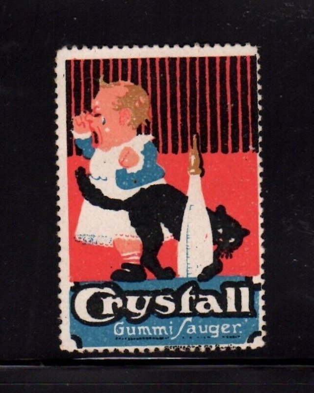 German Advertising Stamp- Crystall Baby Bottle Rubber Nipple, Crying Girl & Cat