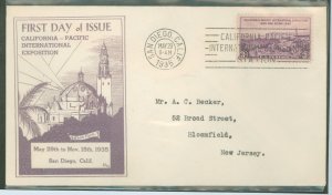 US 773 1935 3c California-Pacific International Expo (single) on an addressed (typed) FDC with a Dyer cachet