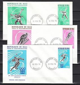 Mali, Scott cat. C271-C273. Innsbruck W. Olympics issue. 3 First day covers. ^