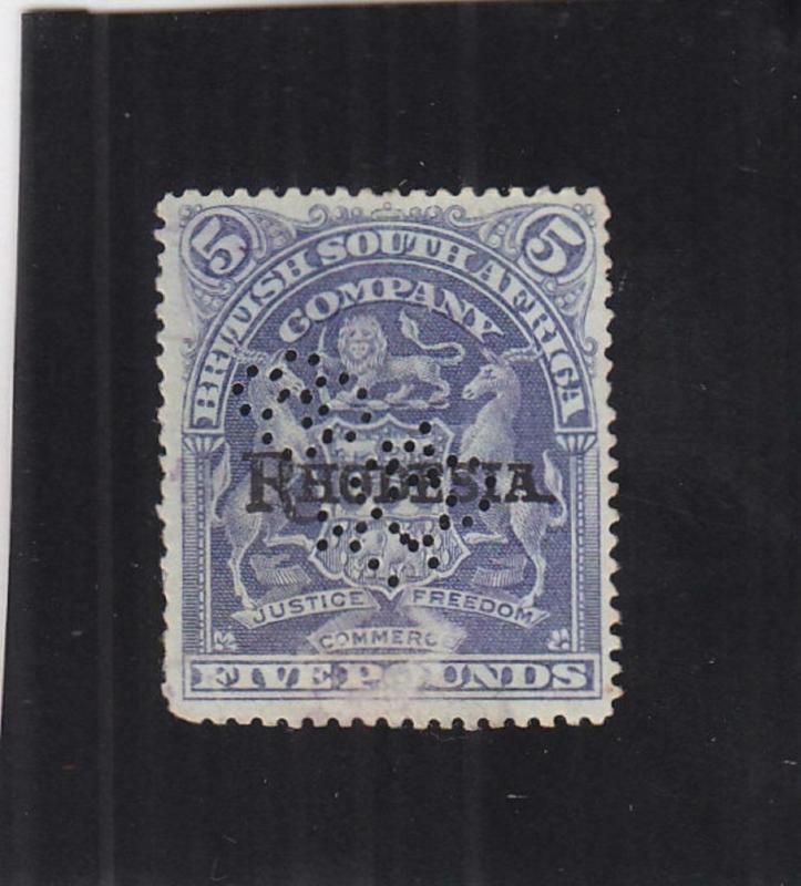 Rhodesia, Revenue Stamp, 5 Pound, Sc #26 Perfin Cancx (24832)