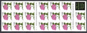 United States #2492a 32¢ Pink Rose (1995). Pane of 20. MNH