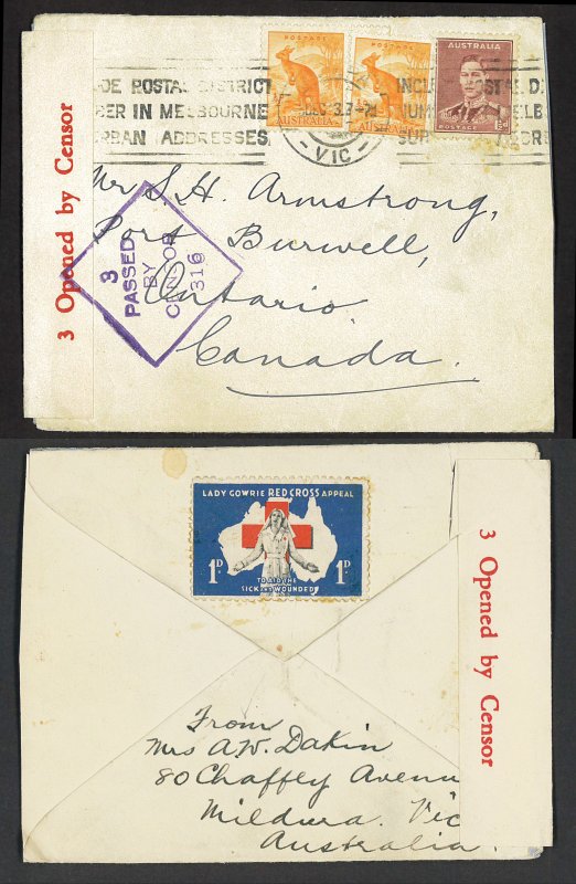 AUSTRALIA  KGVI RED CROSS War Label MILDURA TO CANADA (1937) Censored Cover