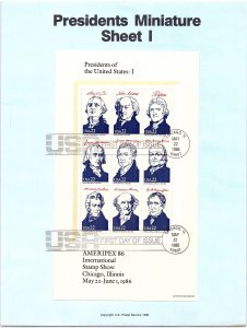 USPS SOUVENIR PAGE PRESIDENTS OF THE UNITED STATES SHEET I AMERIPEX '86