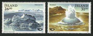 Iceland 741-742,MNH.Michel 747-748. Landscapes 1991.Jokulsarlon Lagoon,Strokkur.