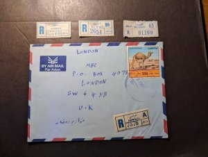 1994 Kuwait Airmail Cover Hawalli to London England and 3 Registered Labels