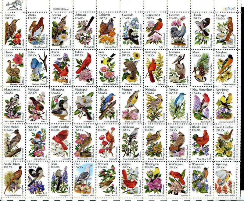 117 #1953-02 20c State Birds MNH complete sheet of 50 Stamps. FREE SHIP IN USA!!