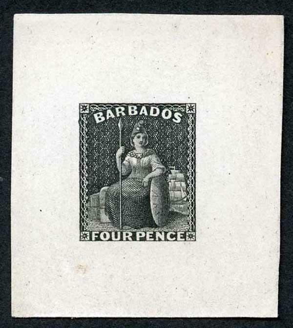 Barbados 1875 4d Die Proof in black on India paper and affixed to card