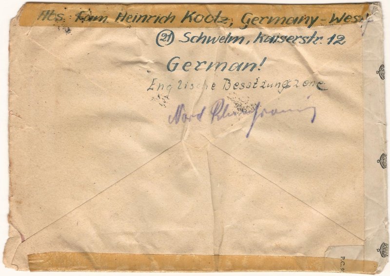 Germany A.M.G. 1946 Censored Cover from SCHWELM (N.Rhine-Westfal.) to California