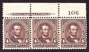 US 269 4c Lincoln Mint Plate #106 Strip of 3 F-VF OG LH SCV $180