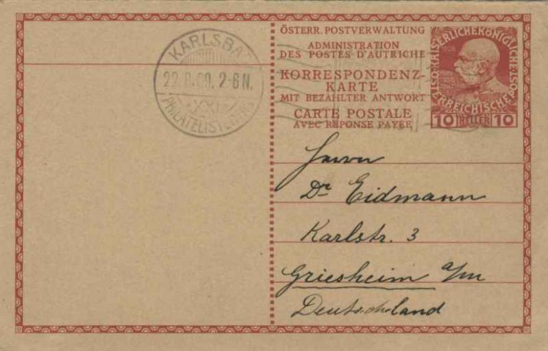 Austria 10h Franz Josef Attached Reply Postal Card 1909 Karlsbad, XXI. Philat...