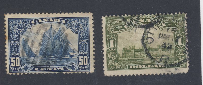 2x Canada Stamps #158-50c Bluenose #159-$1.00 Parliament Guide Value = $100.00