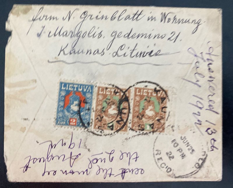 1922 Kaunas Lithuania Judaica cover To Denver Co Usa Back Stamps