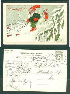 Denmark. 1915 Christmas Card. 3 Ore Odense. Santa, Skiing, Geese. Odense.