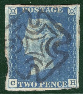 GB 1840 TWO PENCE BLUE QV Stamp SG.5 2d Plate 1 (CH) MX Used Cat £975 BRRED125