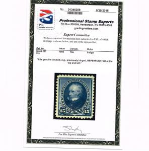 EXCEPTIONAL SCOTT #227 VF-XF MINT OG PSE CERT 1890 ABNC 15¢ INDIGO