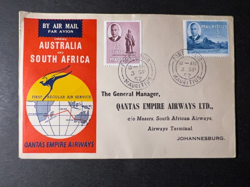 1952 Mauritius Airmail Cover Port Louis to Johannesburg South Africa Qantas Air